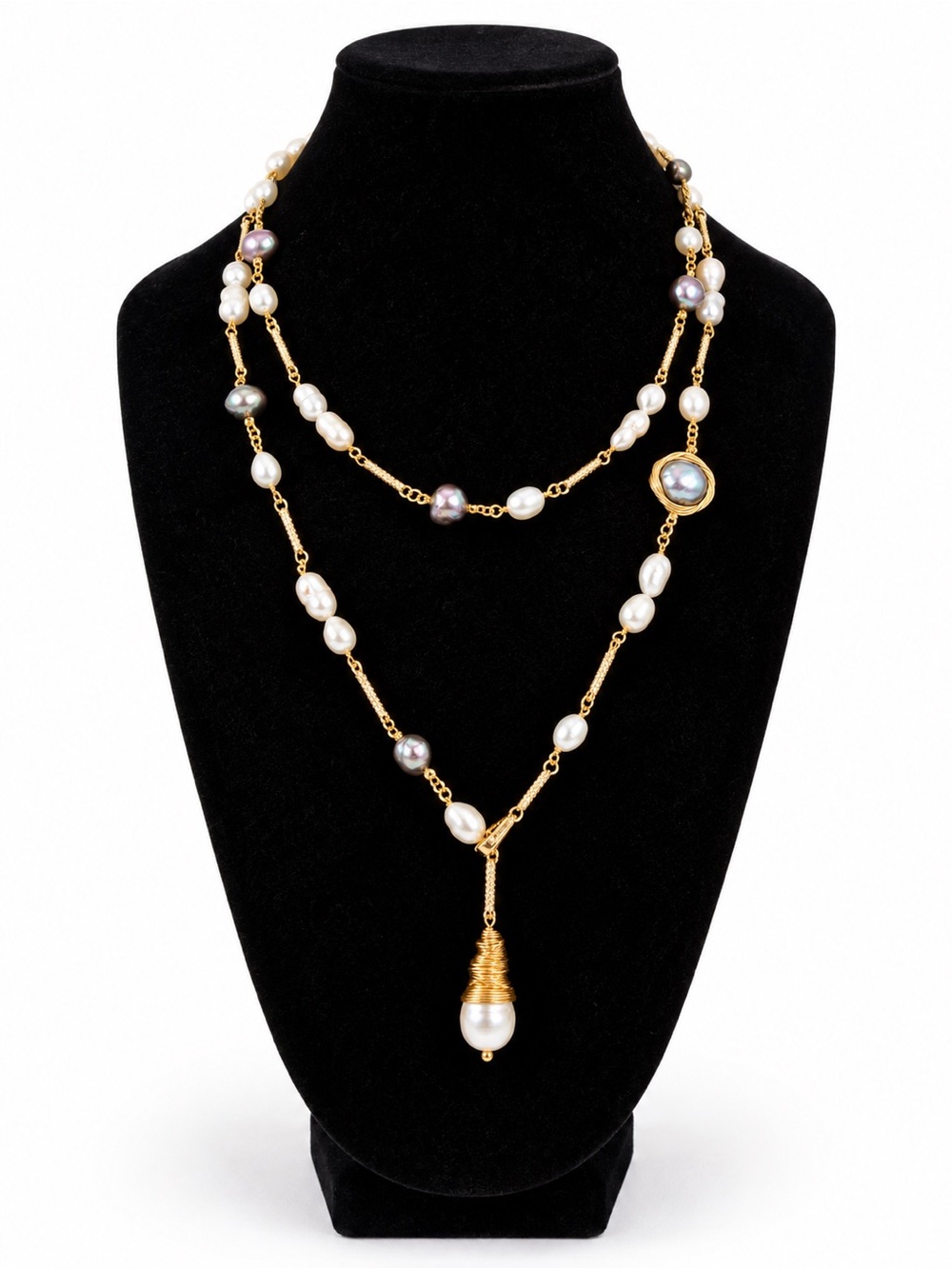 Handmade Freshwater Pearl Convertible 2-Way Long Necklace Gold Tone